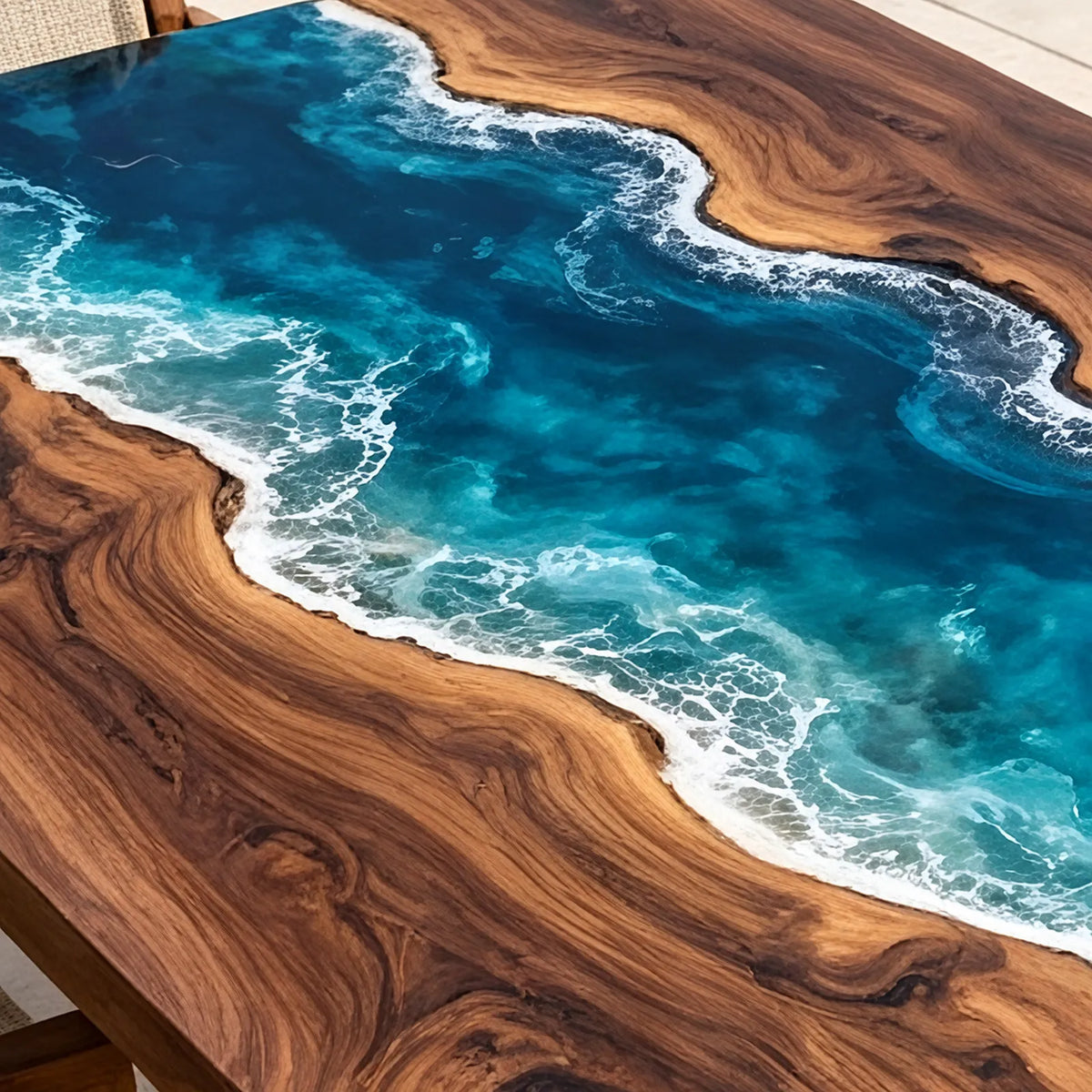 Custom Black Walnut Ocean Wave Epoxy Patio Dining Table | ECT-416
