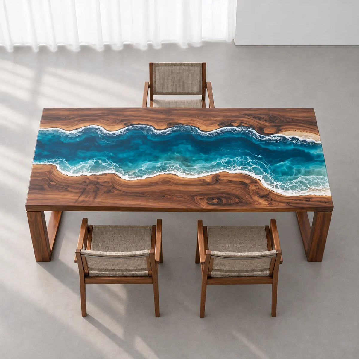 Custom Black Walnut Ocean Wave Epoxy Patio Dining Table | ECT-416