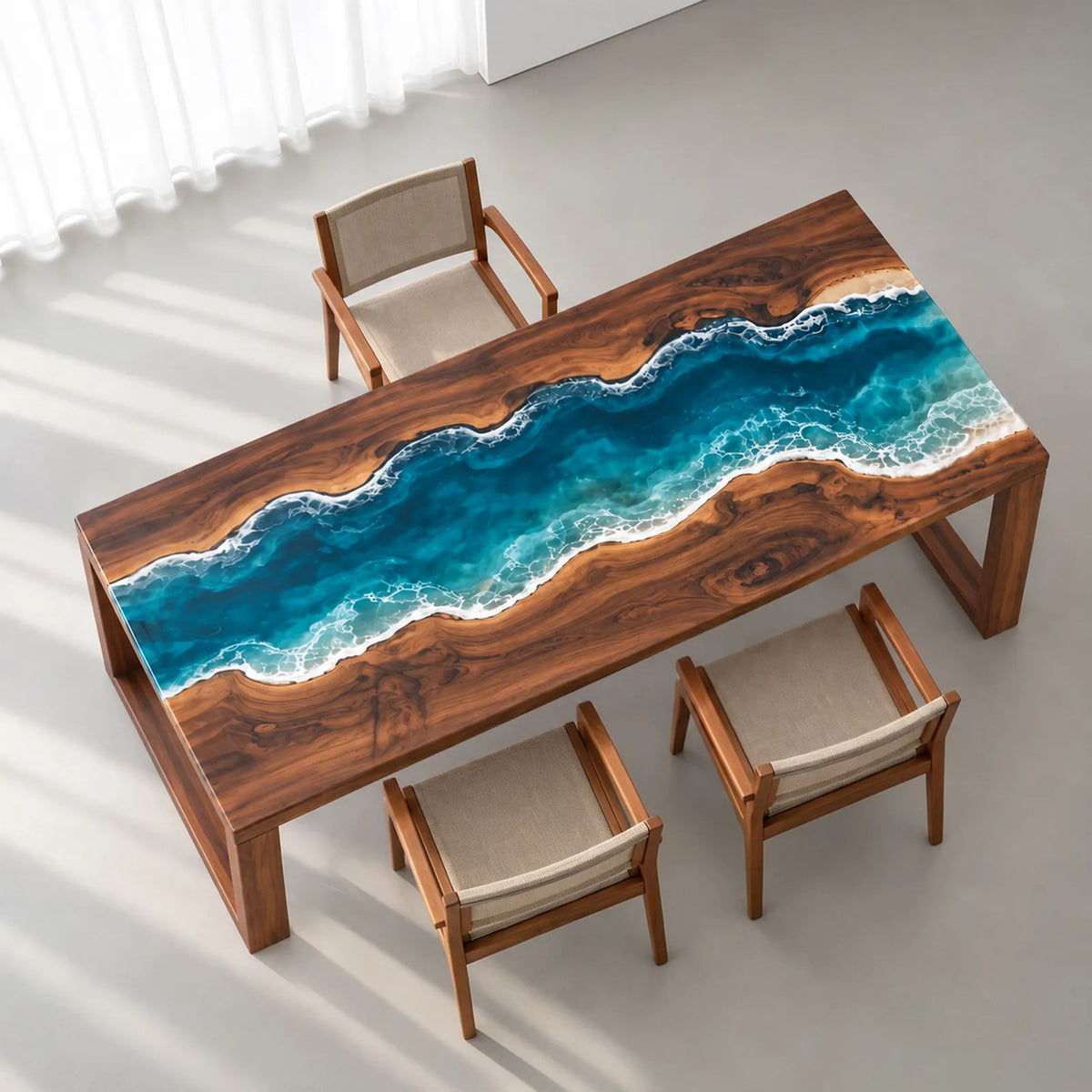 Custom Black Walnut Ocean Wave Epoxy Patio Dining Table | ECT-416