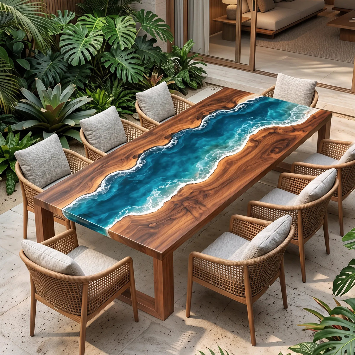 Custom Black Walnut Ocean Wave Epoxy Patio Dining Table | ECT-416