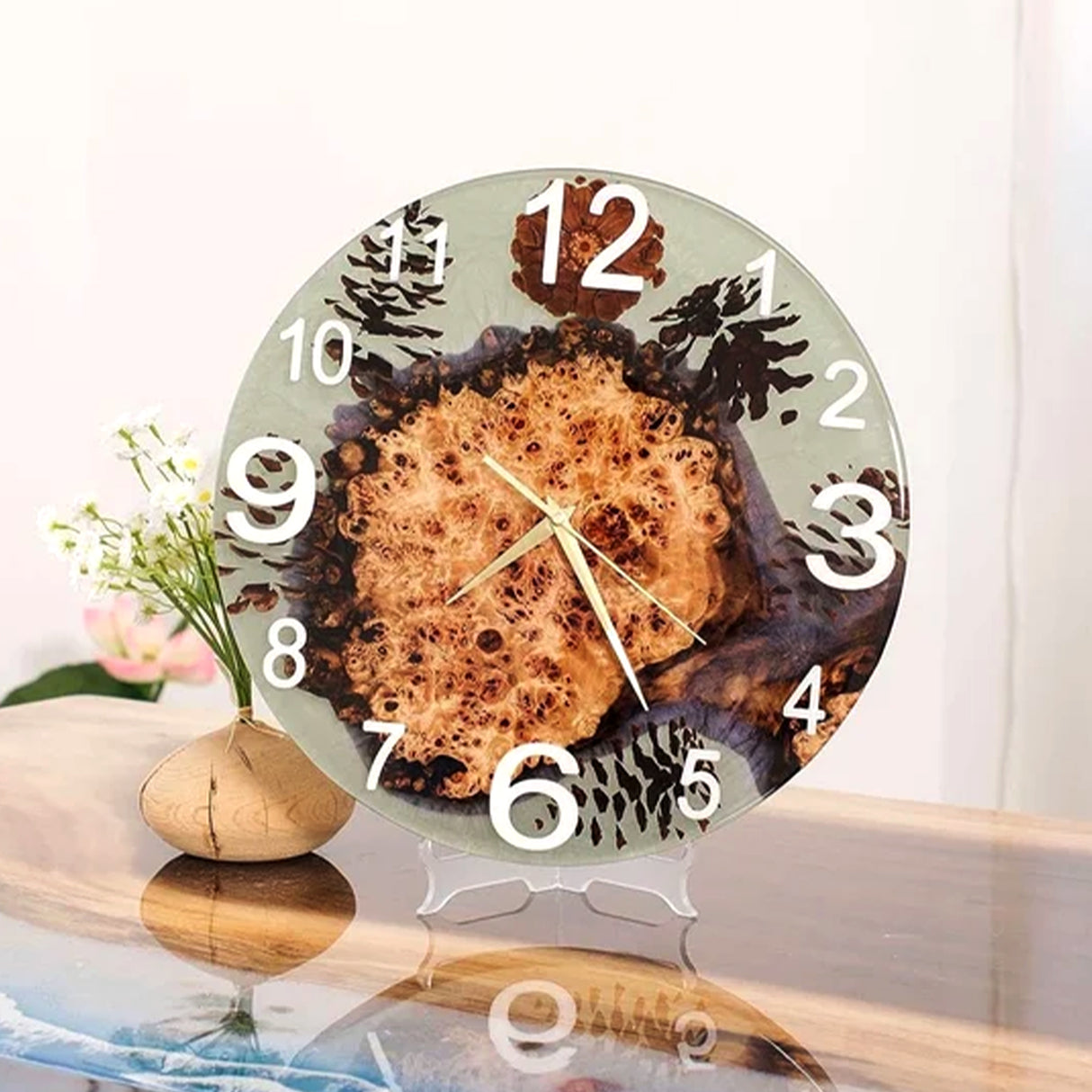 Elite Poplar Wood Burl & Dried Flower - Pine Nut Epoxy Resin Clock EWC-09 - 16''