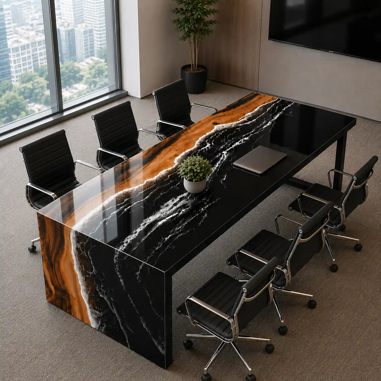 Custom Walnut Black Ocean Wave Epoxy Resin Conference Table | ECT-395