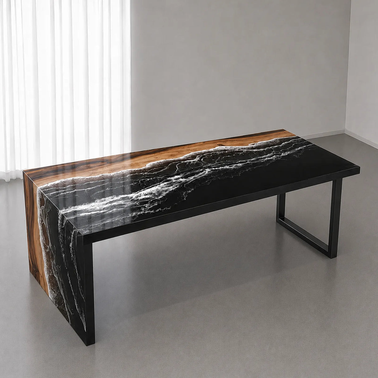 Custom Walnut Black Ocean Wave Epoxy Resin Conference Table | ECT-395
