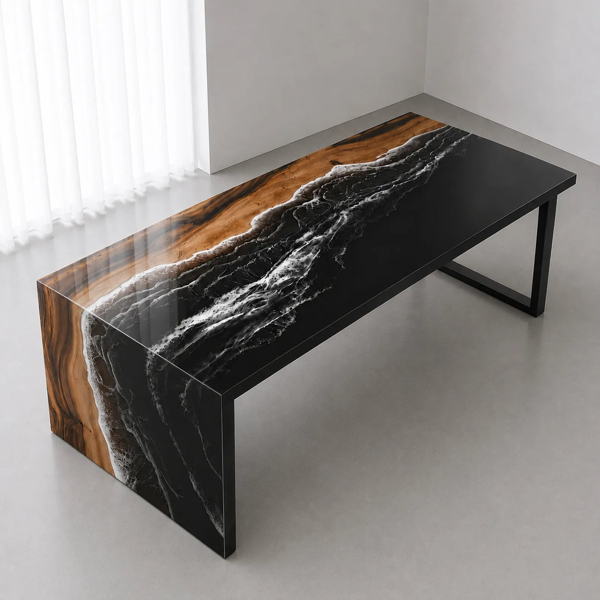 Custom Walnut Black Ocean Wave Epoxy Resin Conference Table | ECT-395