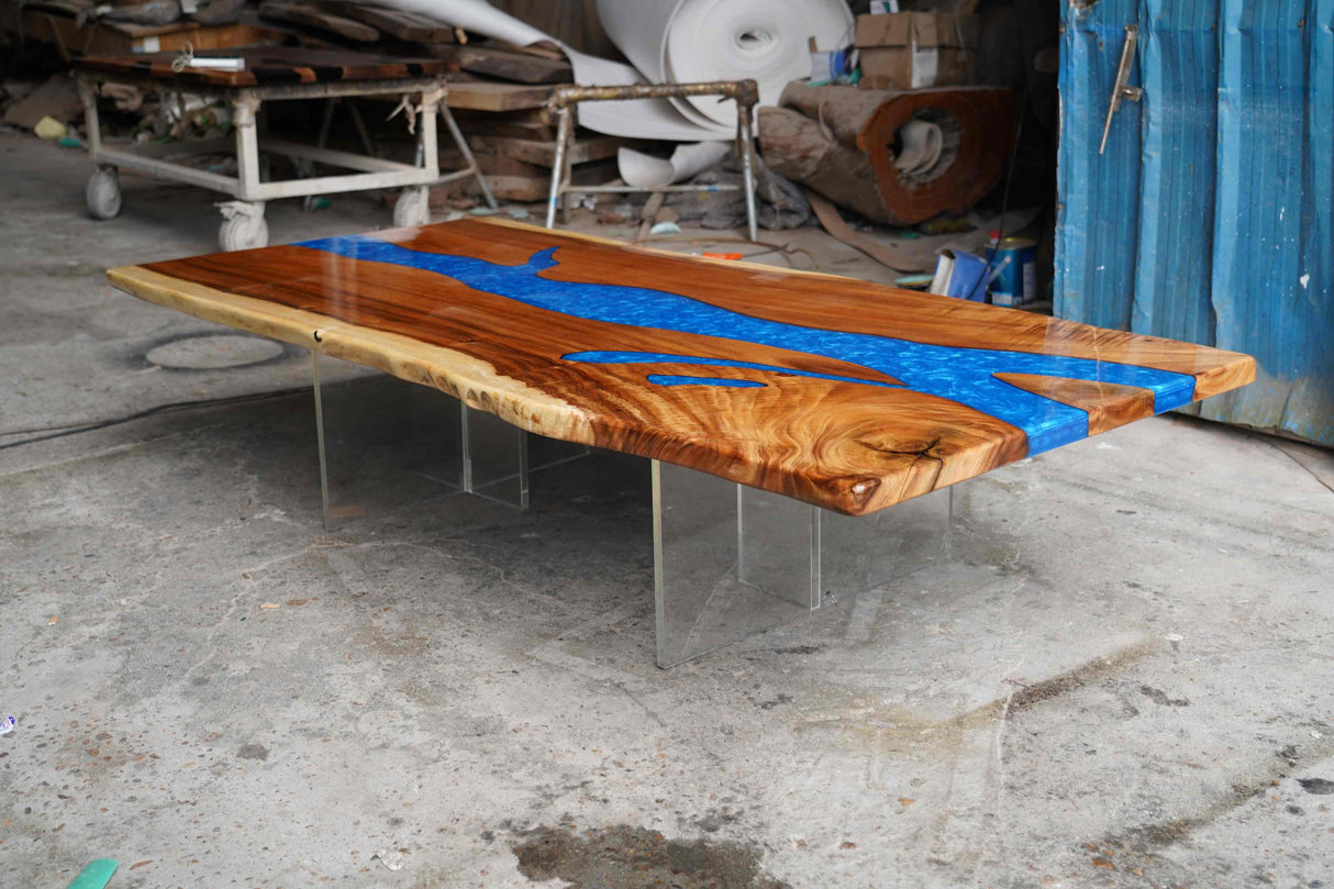 In-Stock Walnut Live Edge Blue Epoxy Resin Dining Table 40" × 84"