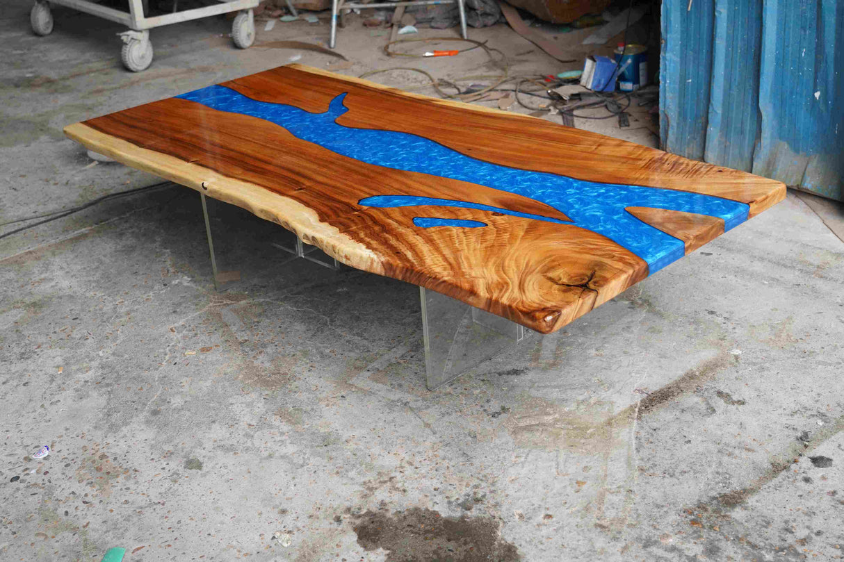 In-Stock Walnut Live Edge Blue Epoxy Resin Dining Table 40" × 84"