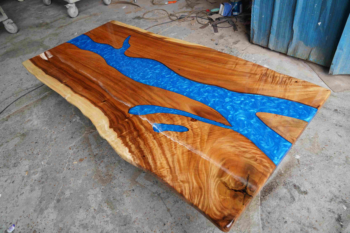 In-Stock Walnut Live Edge Blue Epoxy Resin Dining Table 40" × 84"