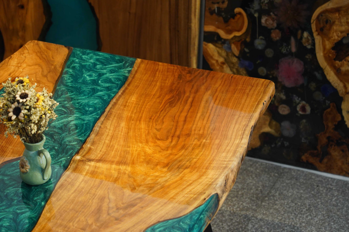 In-Stock Black Walnut Live Edge Green Epoxy Resin Dining Table 40" × 80"