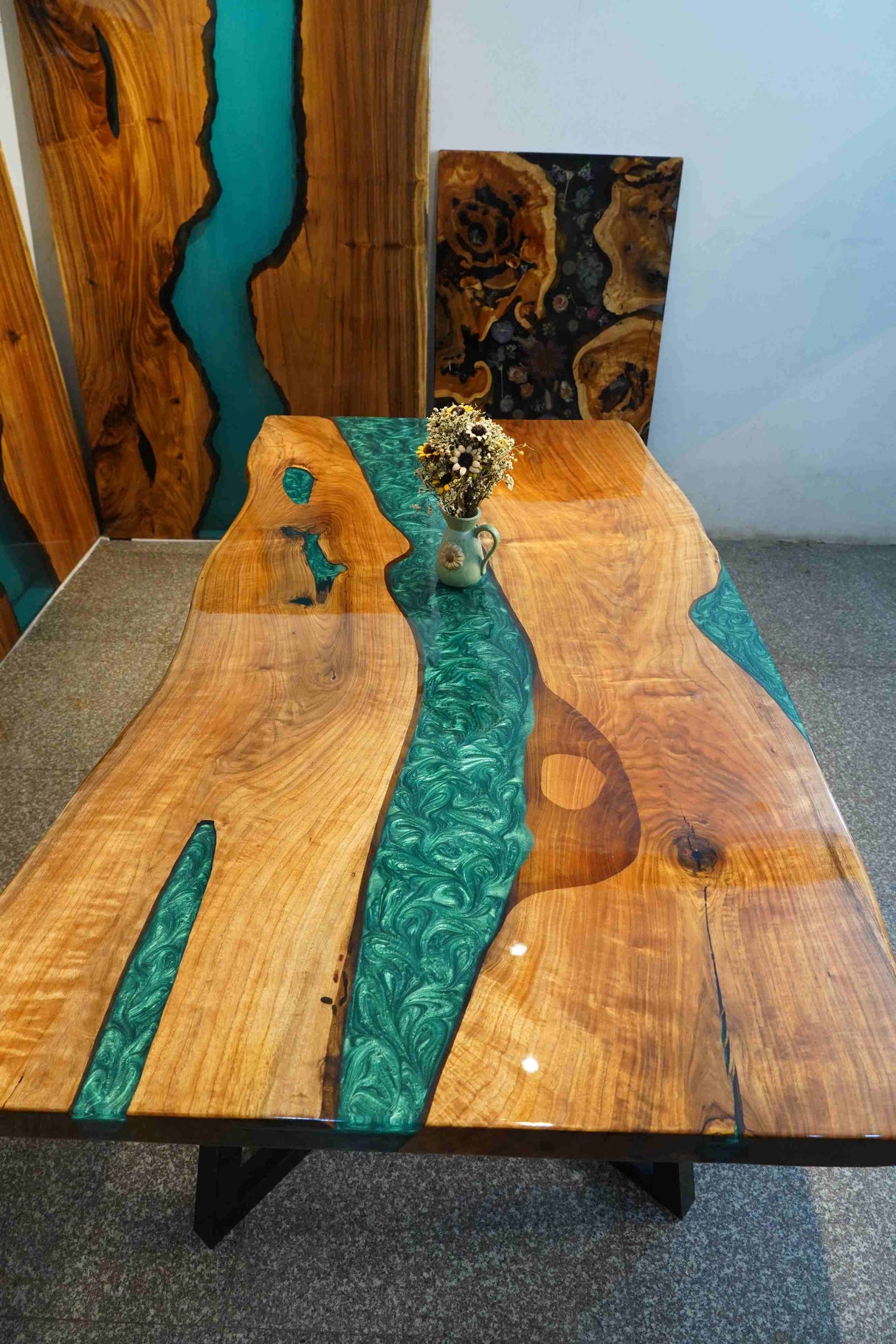 In-Stock Black Walnut Live Edge Green Epoxy Resin Dining Table 40" × 80"