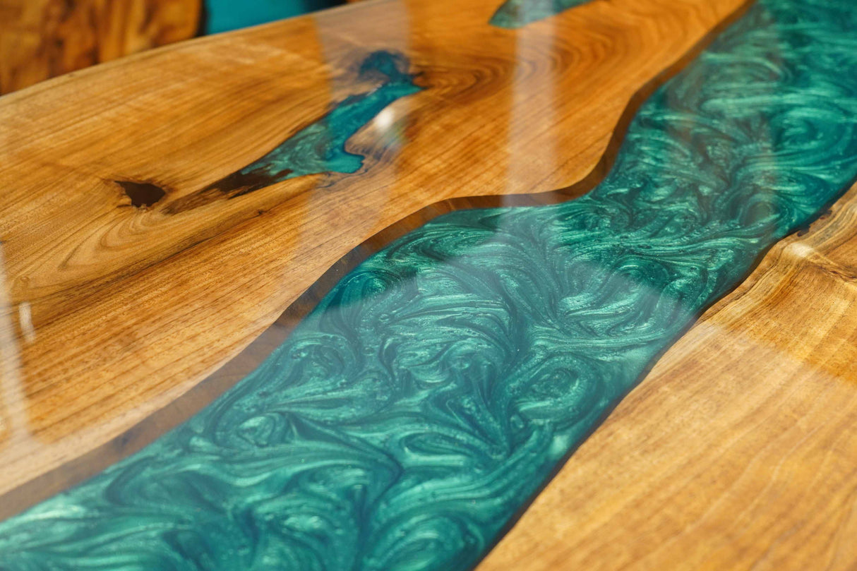 In-Stock Black Walnut Live Edge Green Epoxy Resin Dining Table 40" × 80"