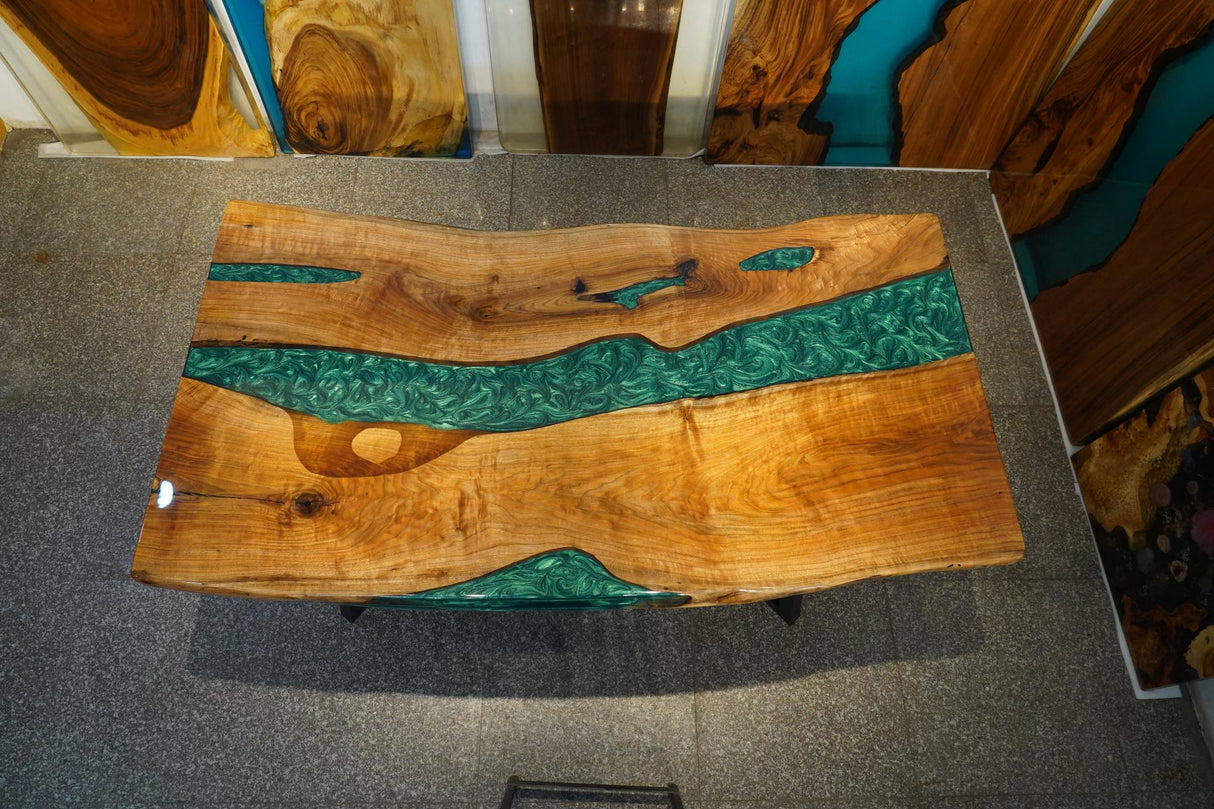 In-Stock Black Walnut Live Edge Green Epoxy Resin Dining Table 40" × 80"
