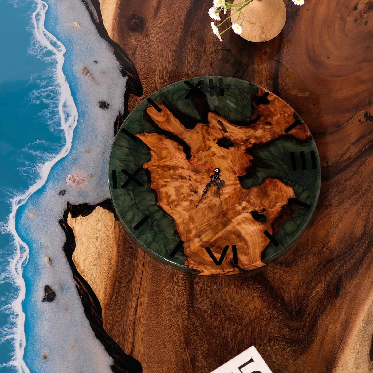 Elite Turquoise Epoxy Resin & Walnut Wood Wall Clock EWC-04 - 16''