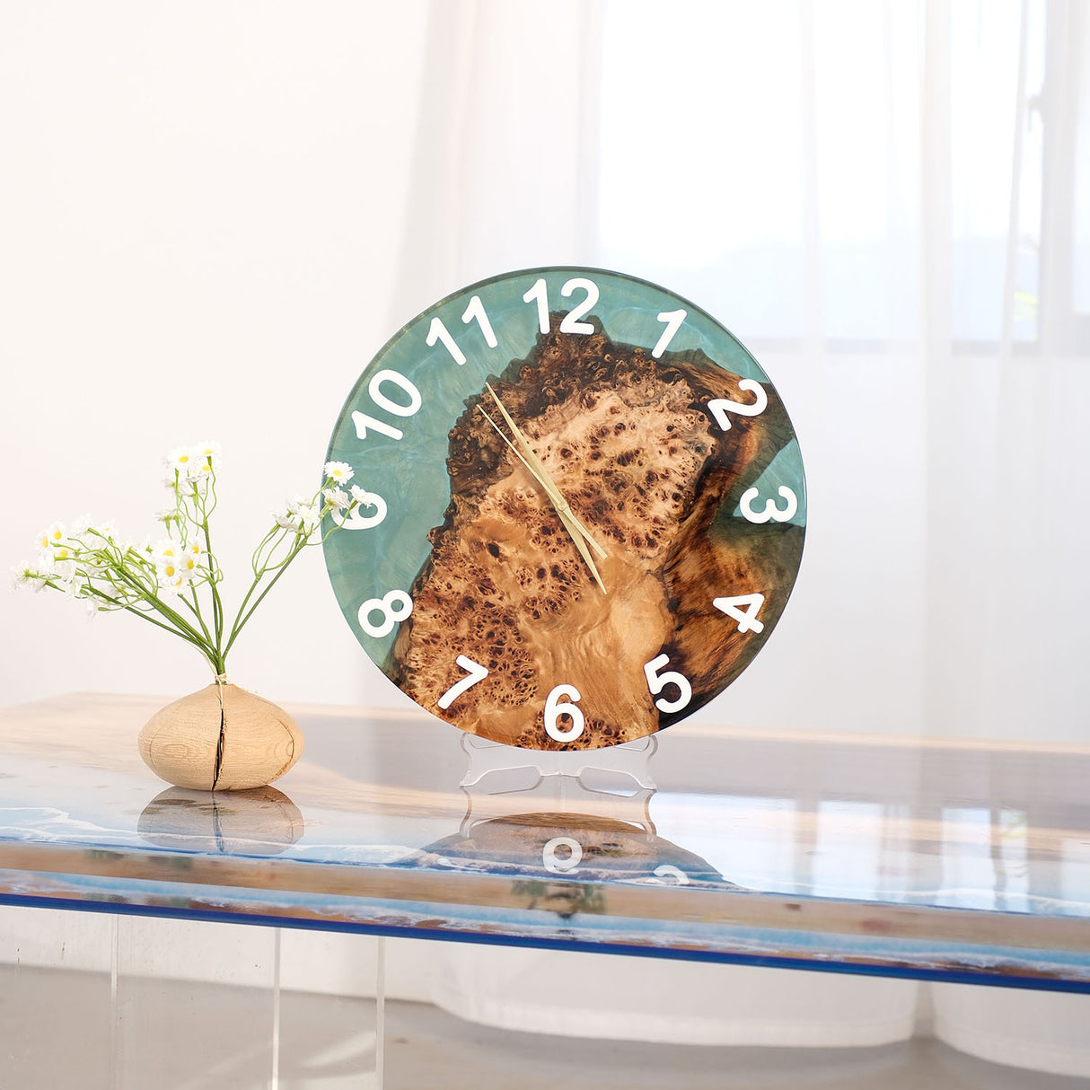 Elite Burl Wood Teal Epoxy Resin Wall Clock EWC-01 - 16''