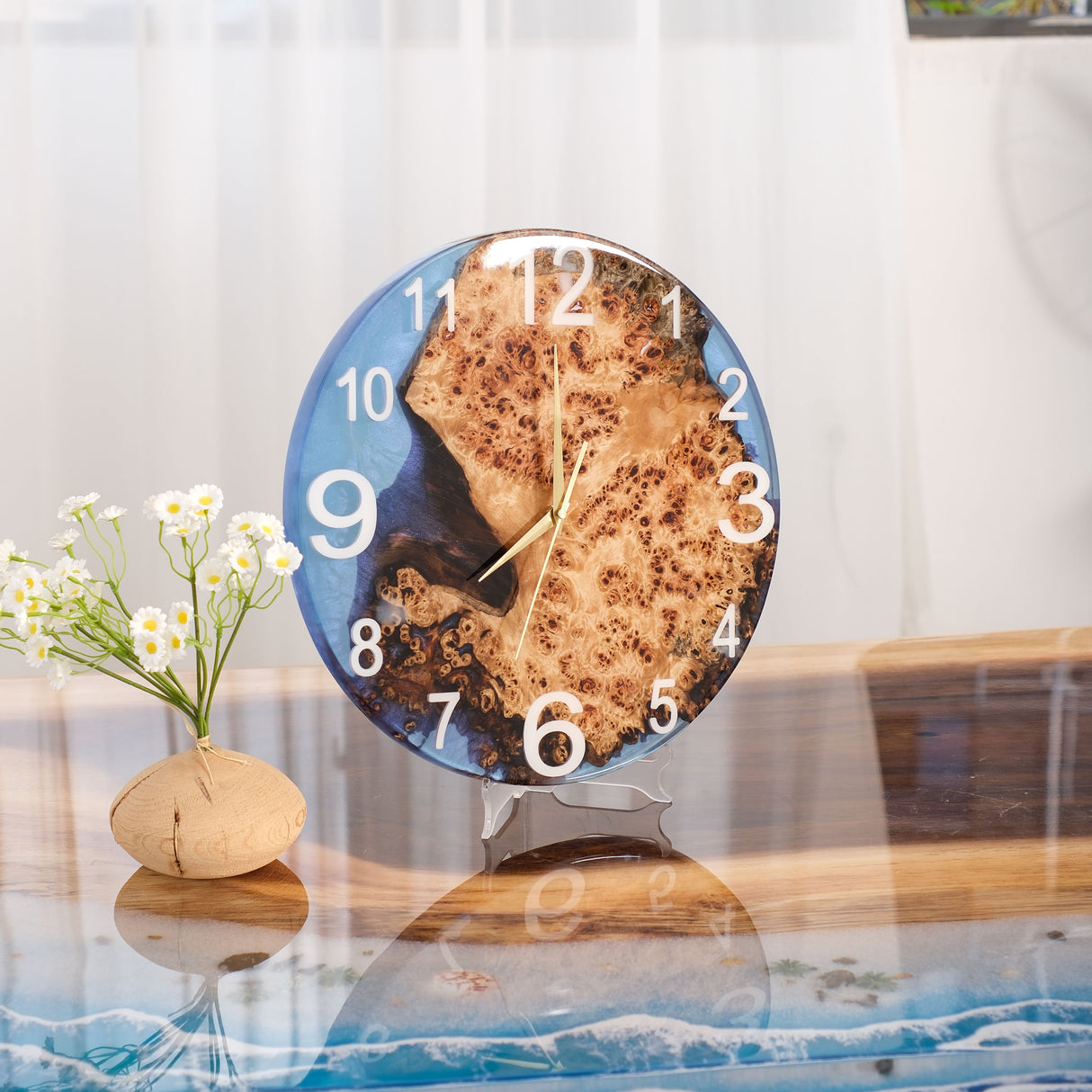 Elite Poplar Wood Burl & Blue Epoxy Resin Decorative Wall Clock EWC-14 - 16''