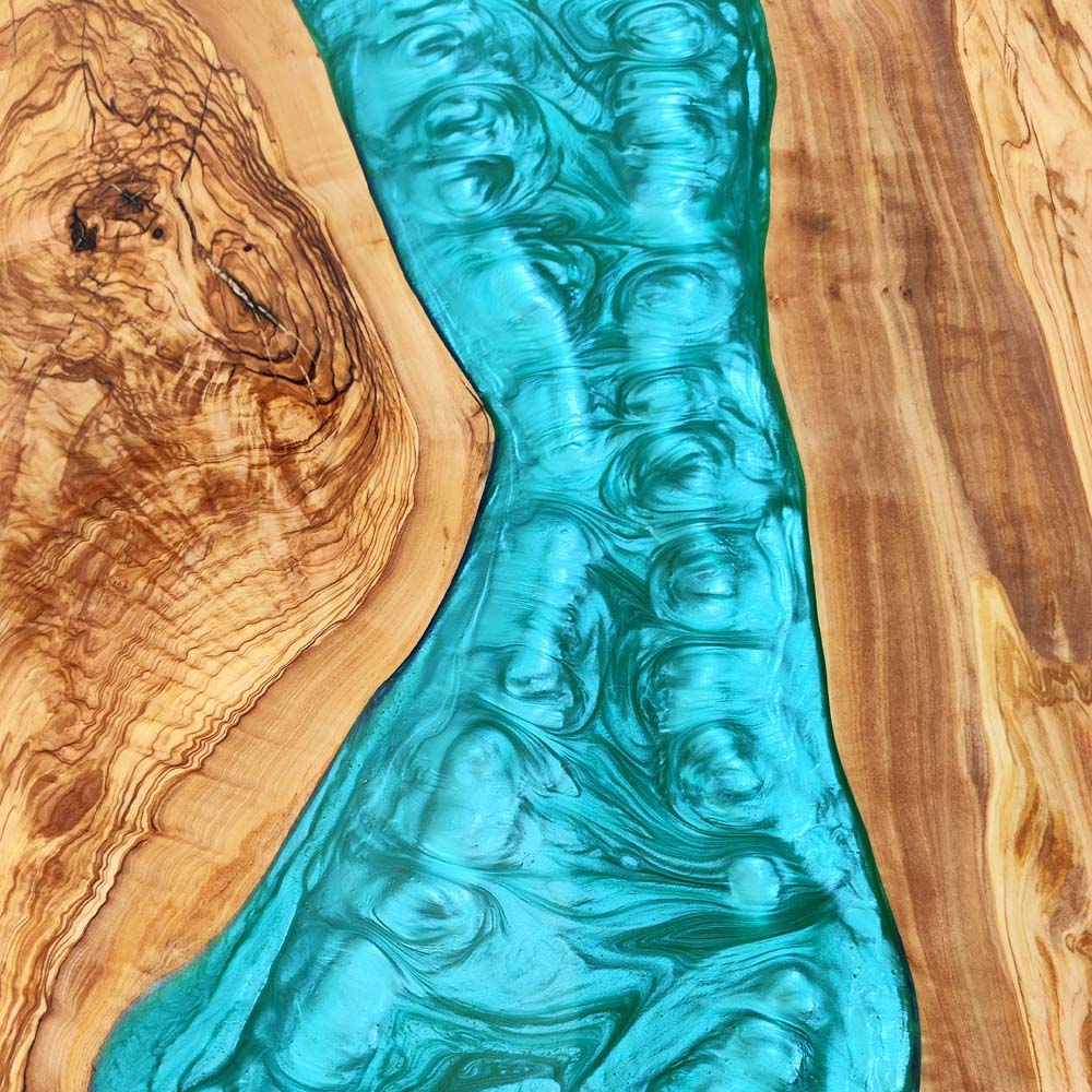 Elite Custom Live Edge Olive Wood Table with Blue-Green Resin ECT-104