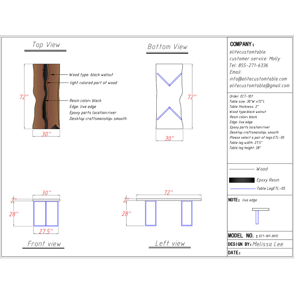 Elite Custom Live Edge Black Walnut Dining Tables with Glossy Black Epoxy Resin ECT-107