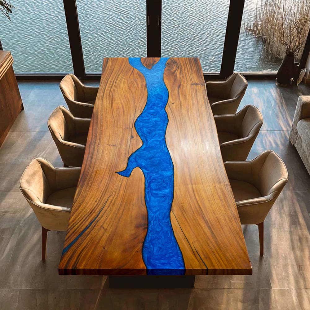 Elite Custom Resin Walnut Wood Table with Blue Resin Inlay ECT-111