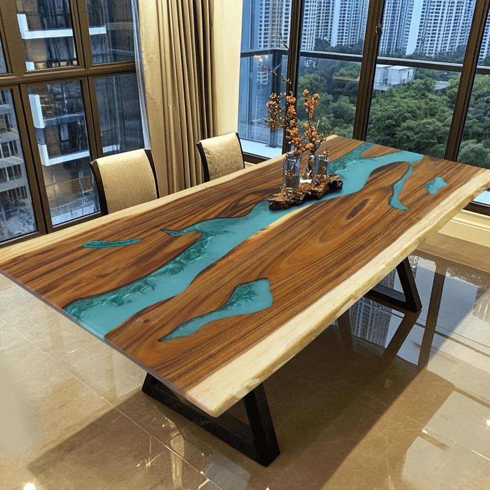 Elite Custom Walnut Wood Turquoise Kitchen Epoxy Resin River Table ECT-117