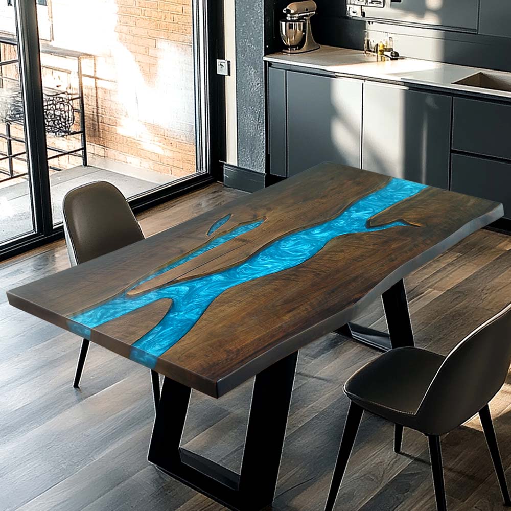 Elite Custom Blue Epoxy River Black Walnut Dining Table ECT-123