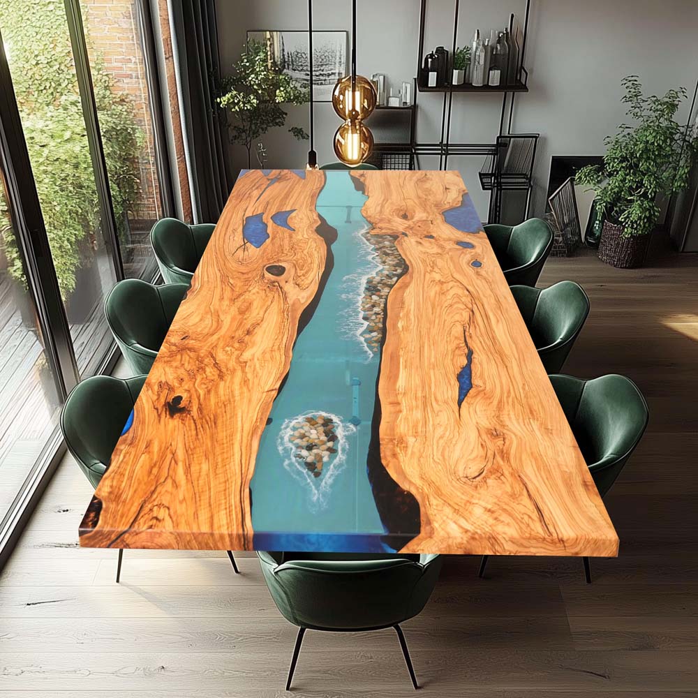 RiverFlow Walnut Wood & Transparent Blue Epoxy Dining Table ECT-125