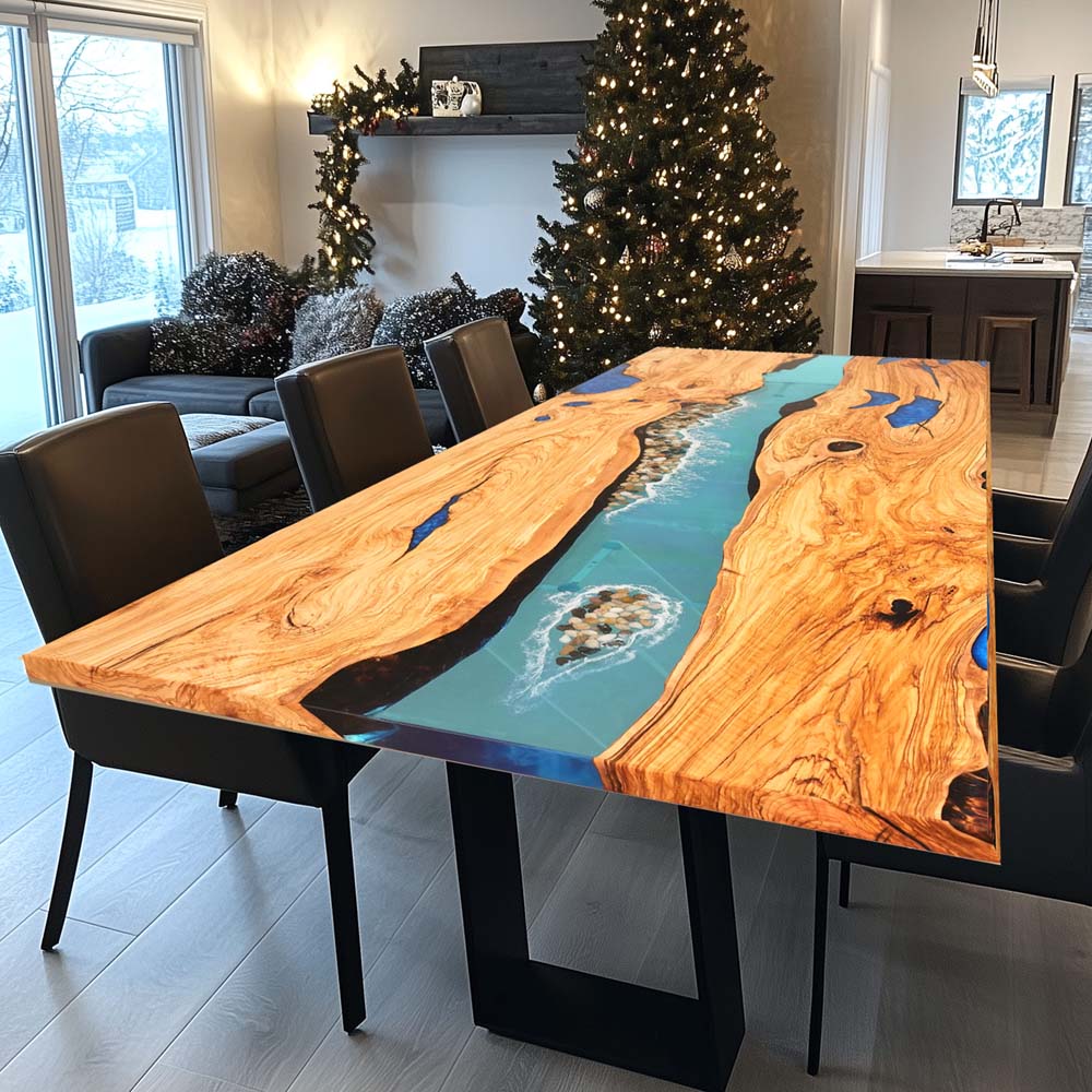 RiverFlow Walnut Wood & Transparent Blue Epoxy Dining Table ECT-125