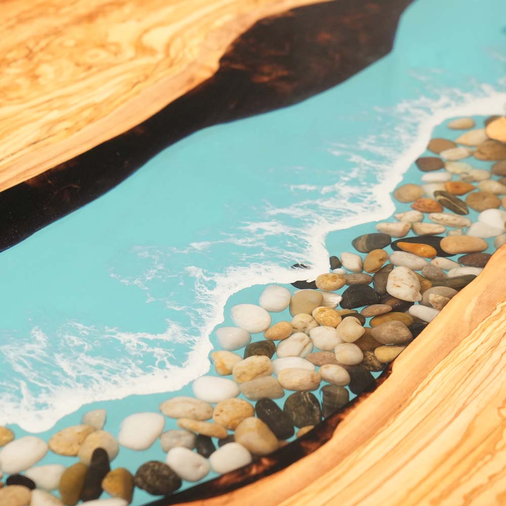 RiverFlow Walnut Wood & Transparent Blue Epoxy Dining Table ECT-125