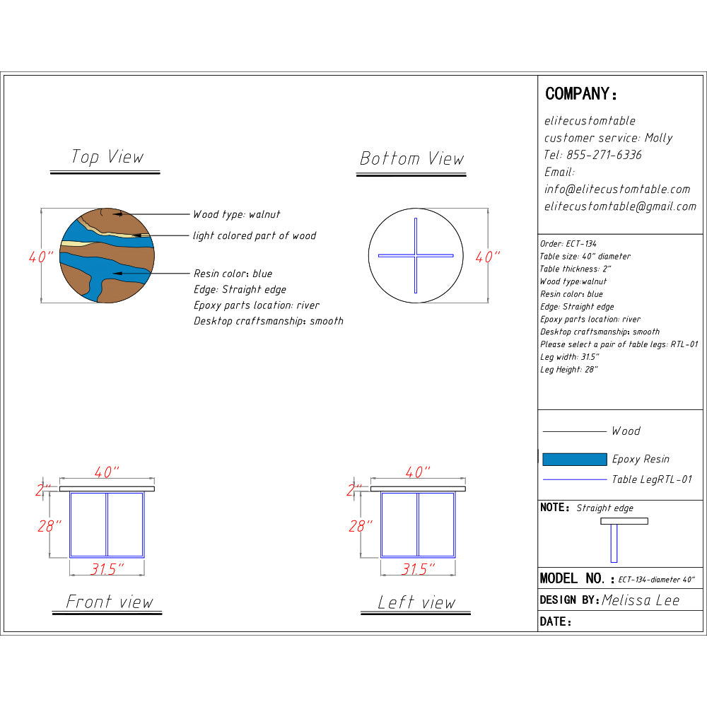 Elite Walnut & Blue Epoxy River Round Table ECT-134