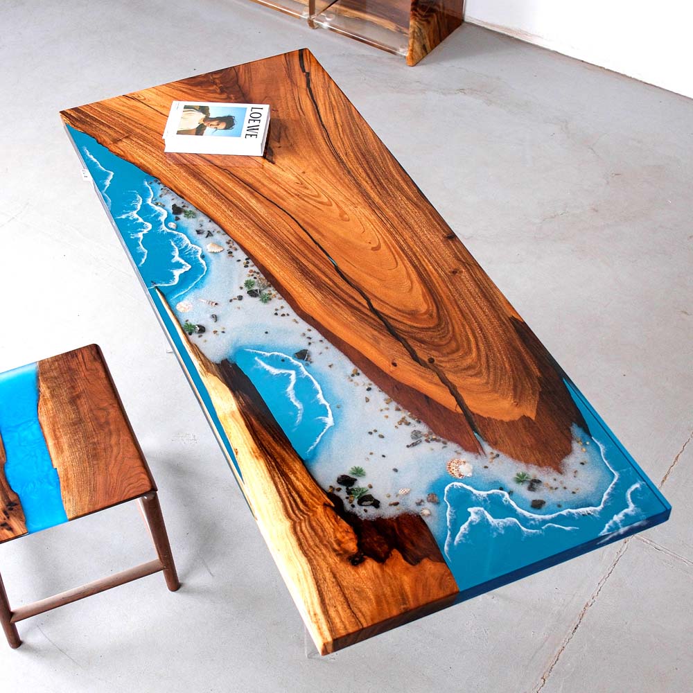 Elite Walnut Wood & Coastal Beach Wave Epoxy Dining Table with Seashells ECT-142