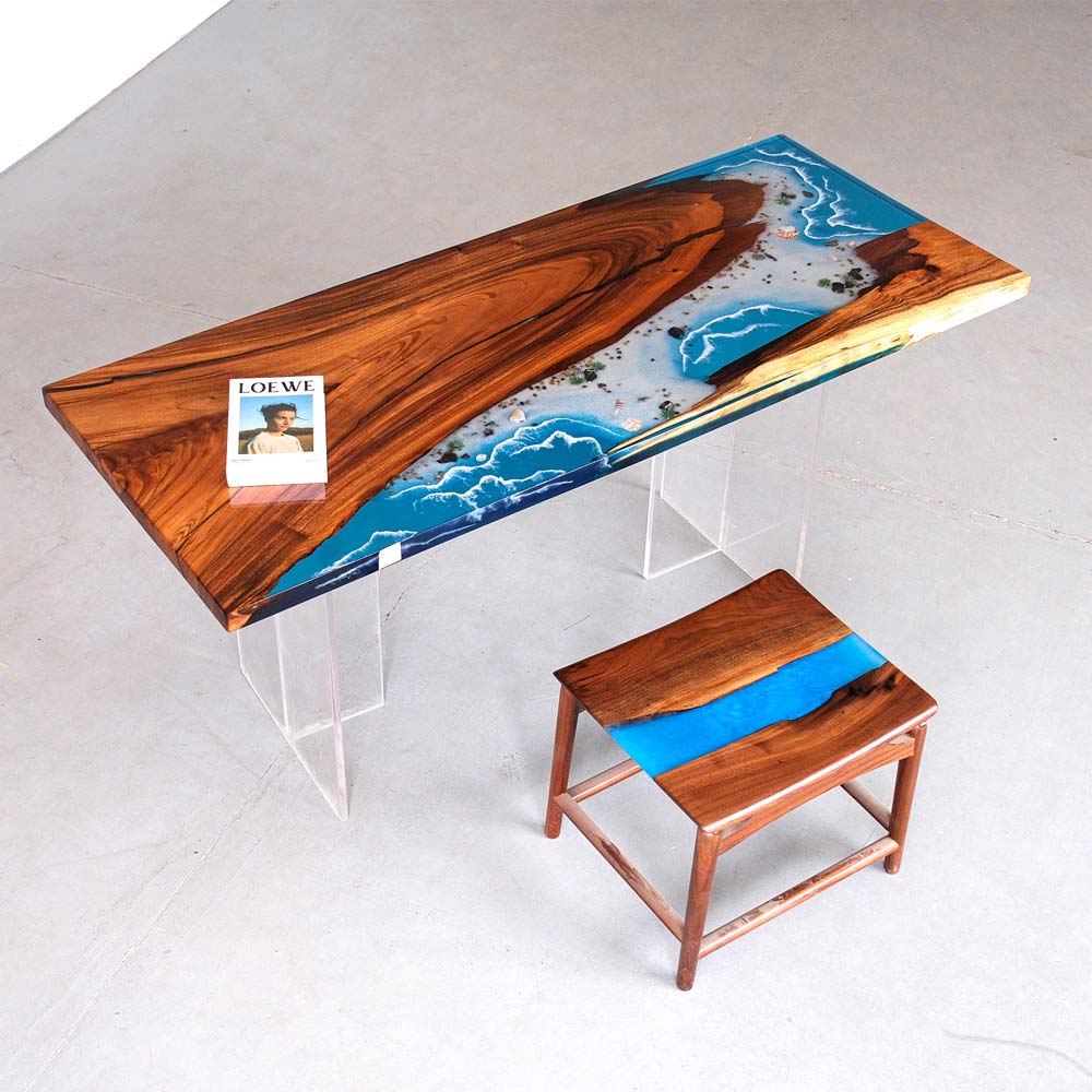 Elite Walnut Wood & Coastal Beach Wave Epoxy Dining Table with Seashells ECT-142