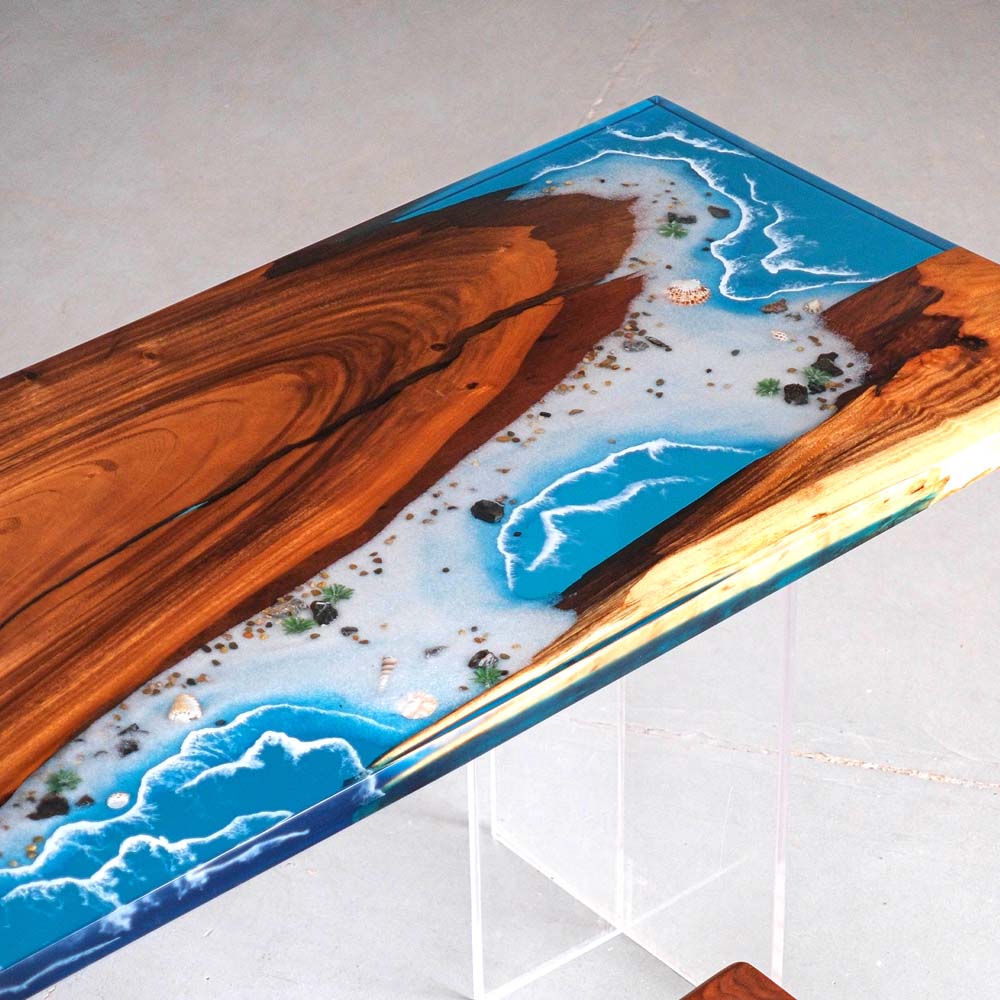 Elite Walnut Wood & Coastal Beach Wave Epoxy Dining Table with Seashells ECT-142