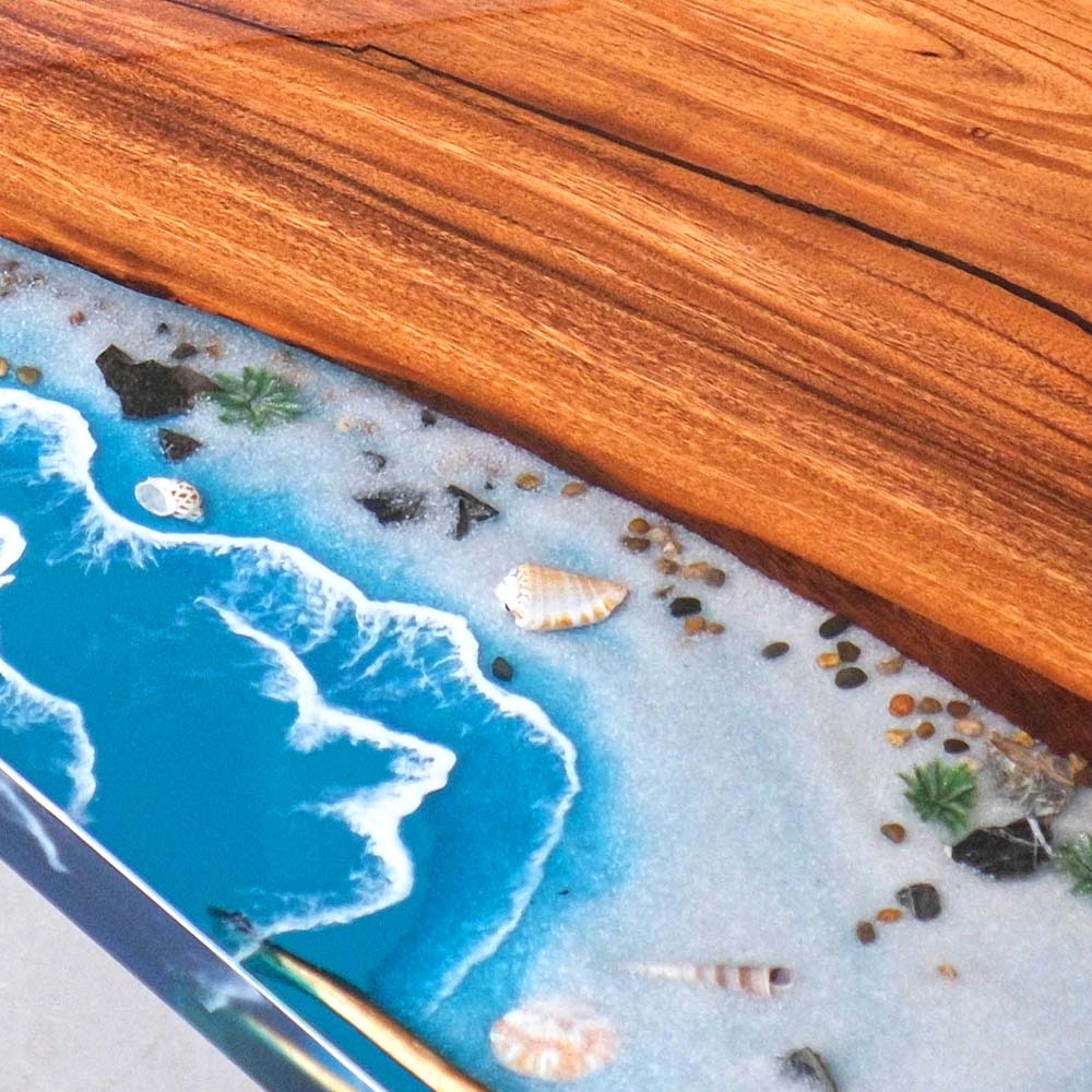 Elite Walnut Wood & Coastal Beach Wave Epoxy Dining Table with Seashells ECT-142