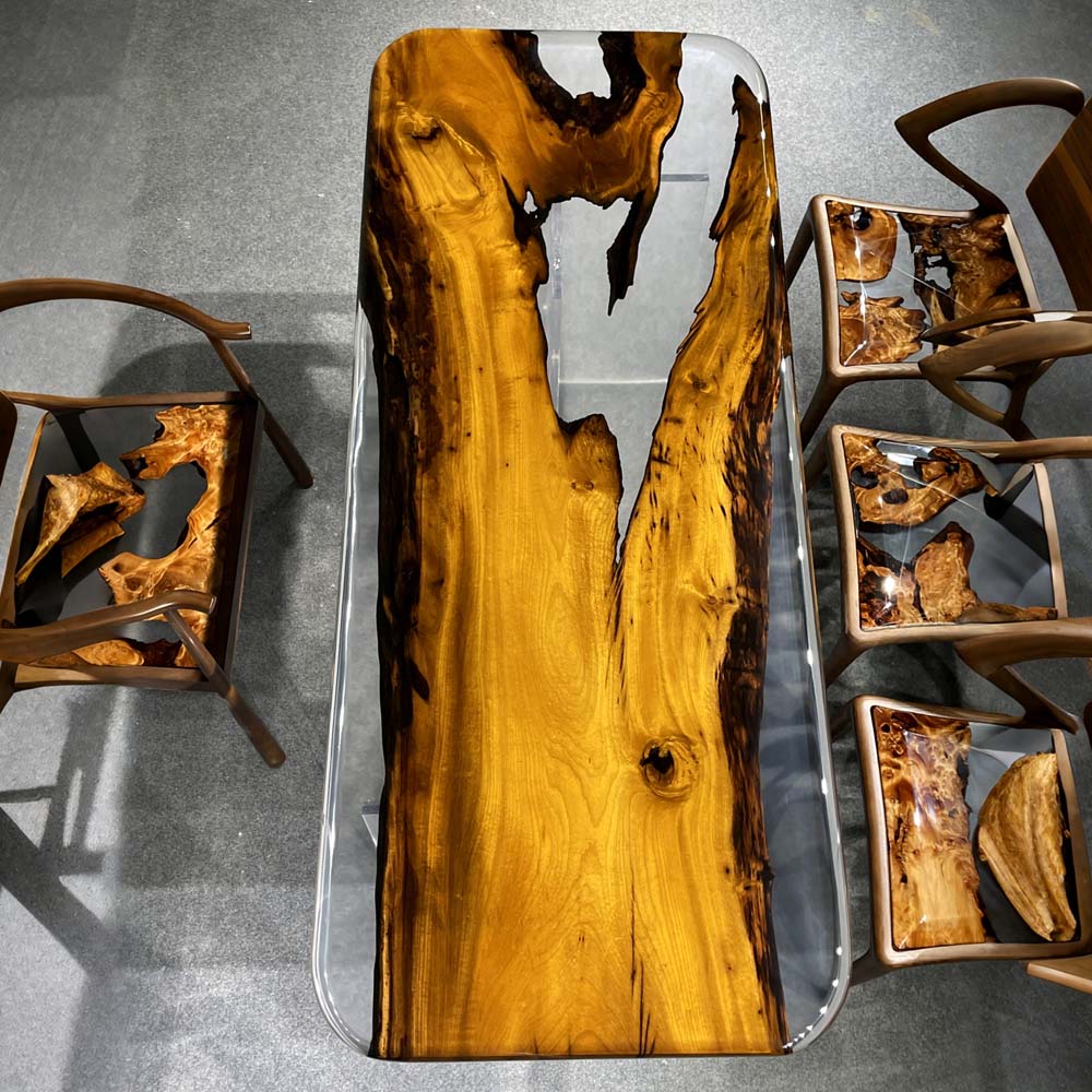 Elite Golden Camphor Wood & Transparent Epoxy Resin Dining Table ECT-143