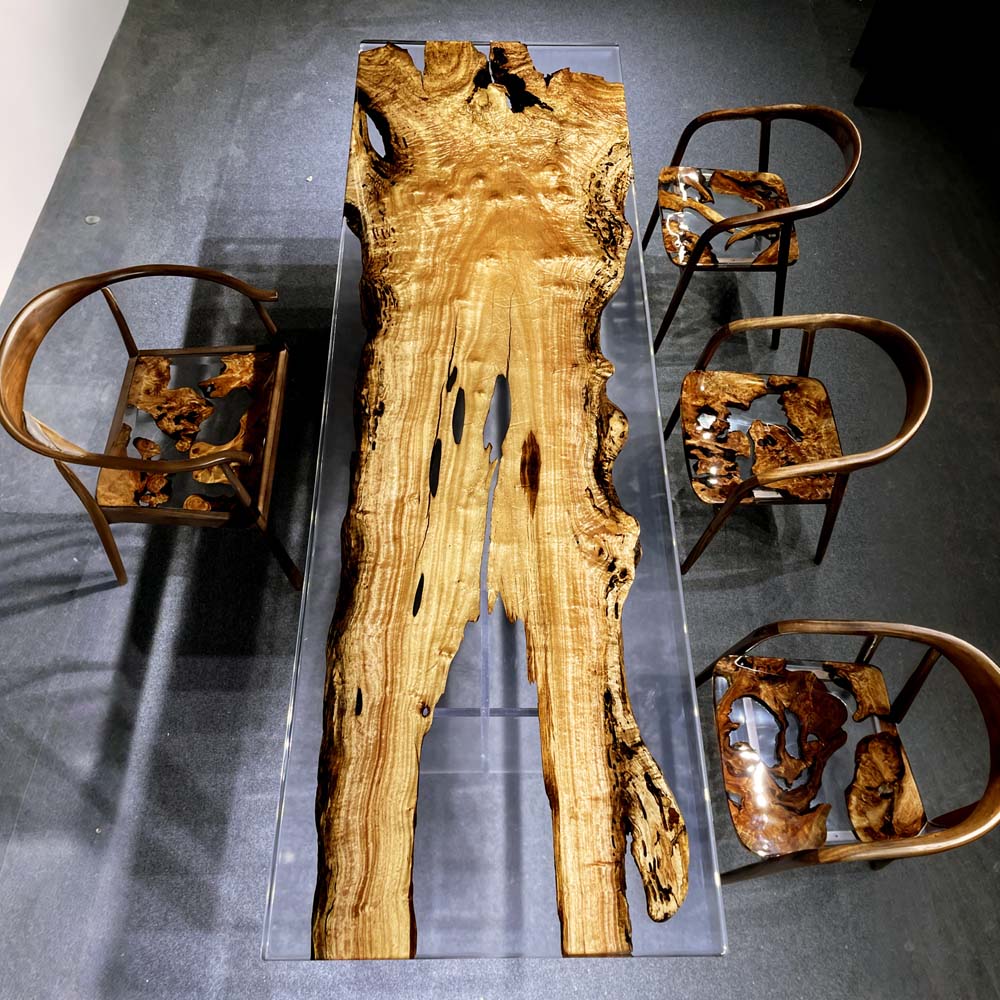 Elite Artistic Golden Camphor Wood & Transparent Epoxy Resin Dining Table ECT-144