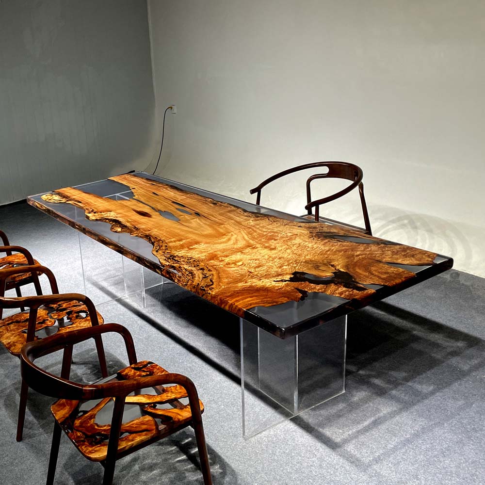 Elite Artistic Golden Camphor Wood & Transparent Epoxy Resin Dining Table ECT-144