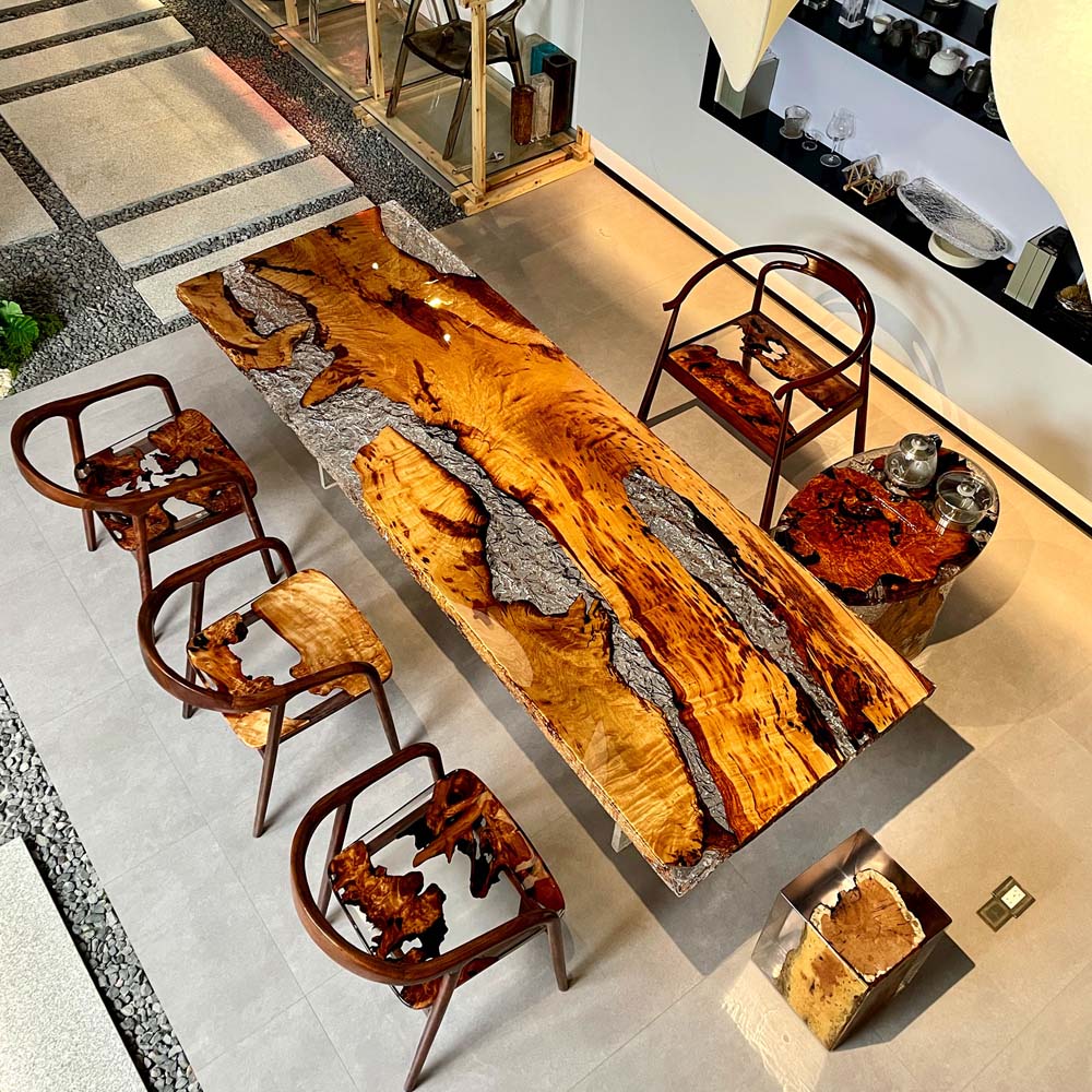 Elite Golden Camphor Wood & Transparent Crystalline Epoxy Resin Dining Table ECT-145