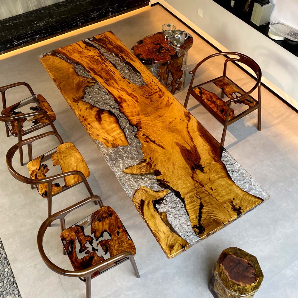 Elite Golden Camphor Wood & Transparent Crystalline Epoxy Resin Dining Table ECT-145