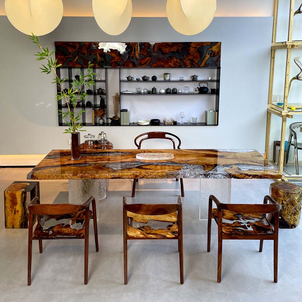 Elite Golden Camphor Wood & Transparent Crystalline Epoxy Resin Dining Table ECT-145