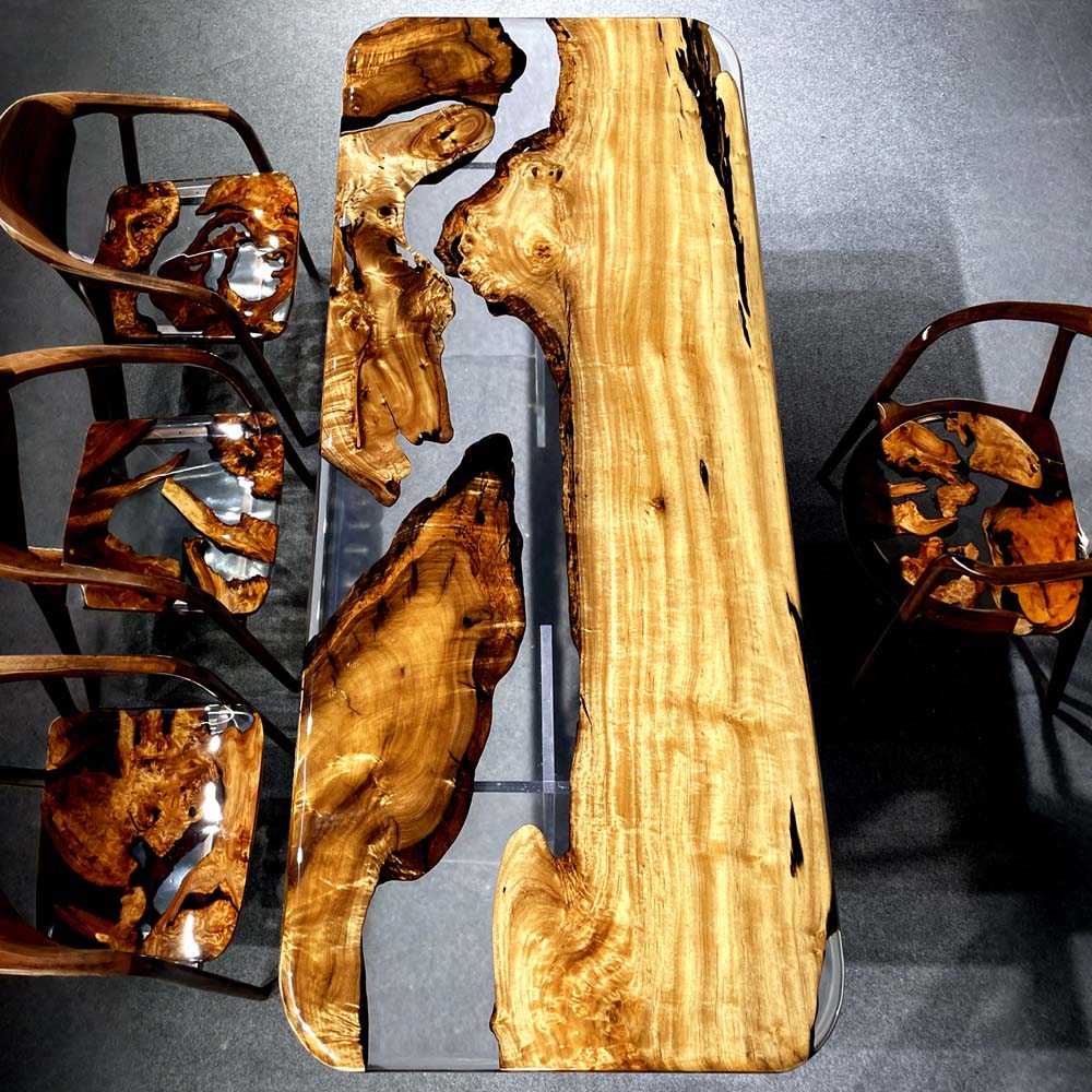 Elite Golden Camphor Wood & Transparent Epoxy Resin Dining Table ECT-147