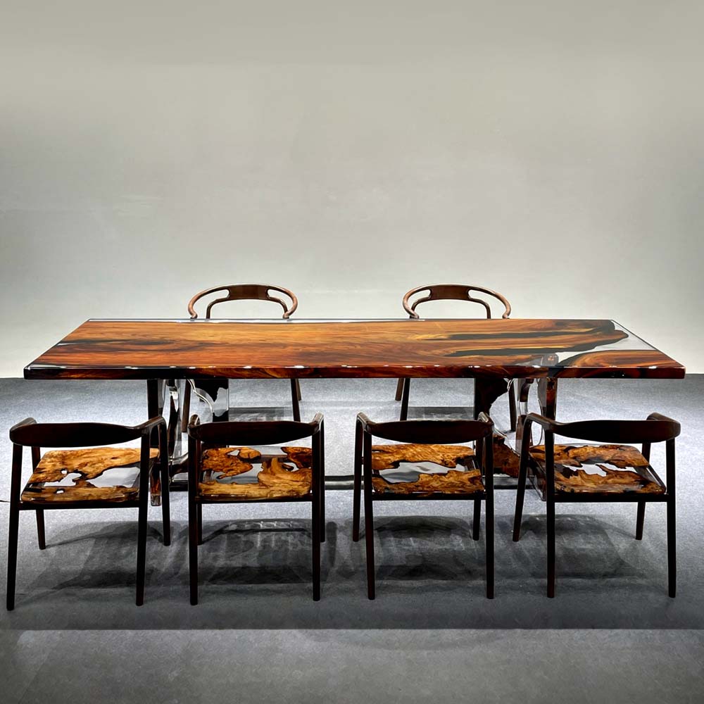 Elite Red Golden Camphor Wood & Transparent Epoxy Resin Dining Table ECT-148