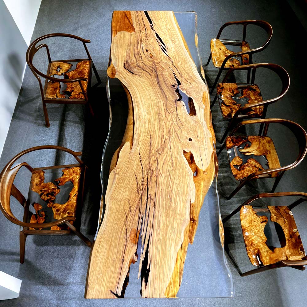 Elite Olive Wood & Transparent Epoxy Resin Live - Edge Dining Table ECT-150