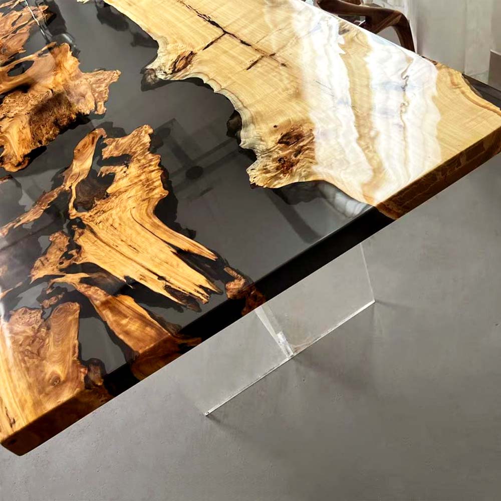 Elite Poplar & Cunninghamia Wood with Transparent Black - Gray Epoxy Resin Dining Table ECT-160