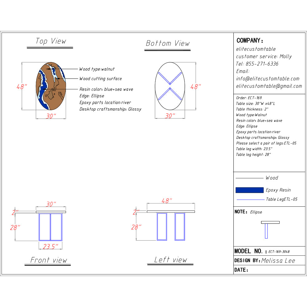 Walnut Wood with Blue and White Ocean Wave Epoxy Resin Oval Dining & Cofffee Table ECT-169