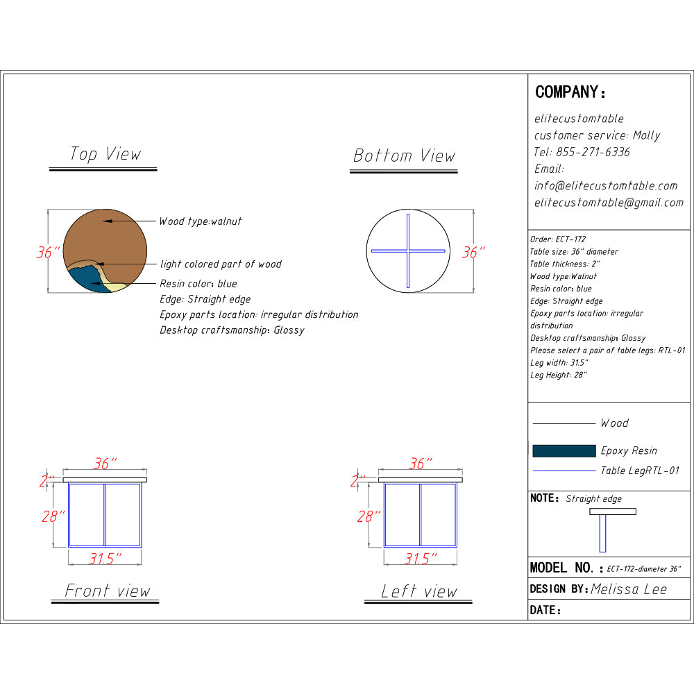 Elite Walnut Wood with Blue Epoxy Resin Round Coffee Table ECT-172