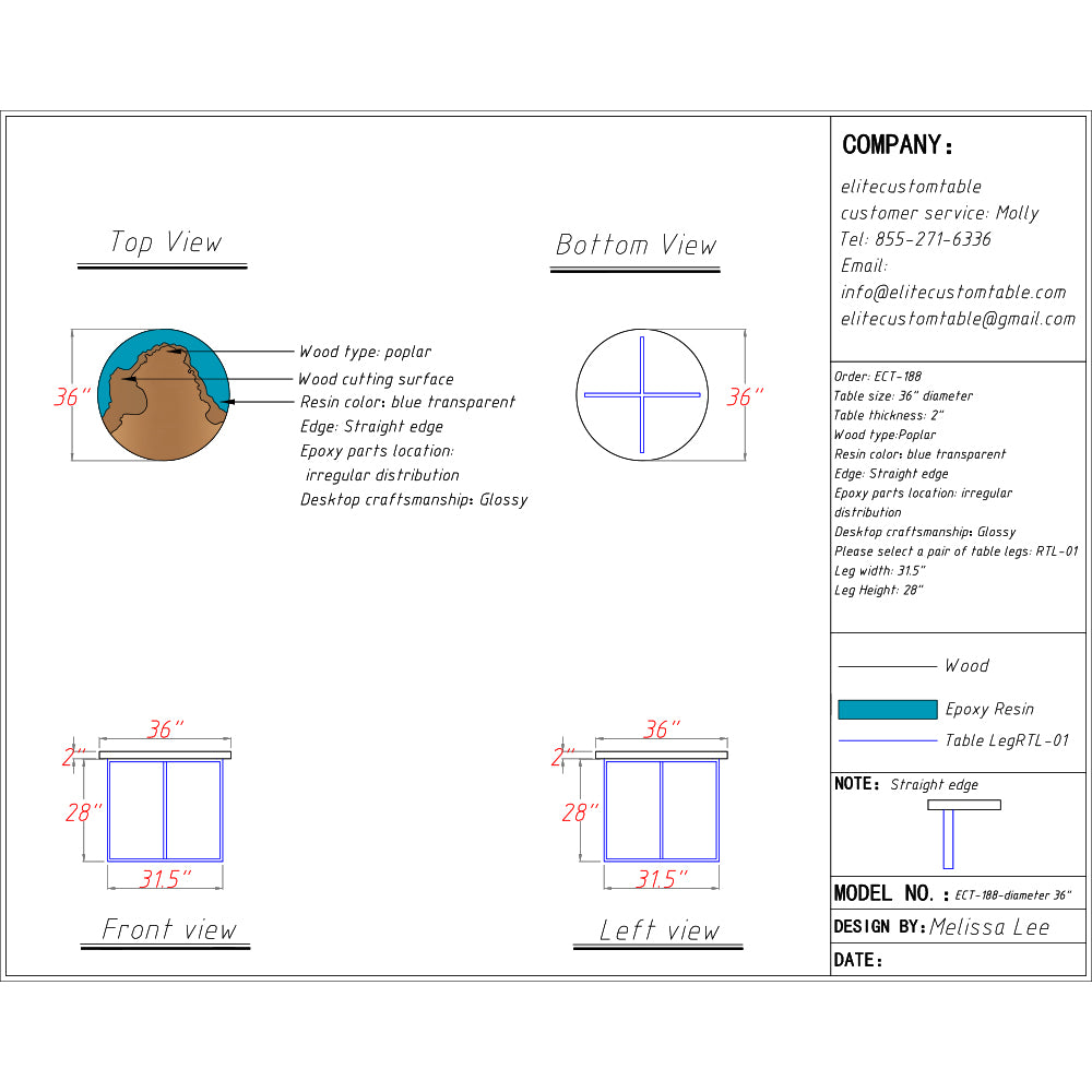 Elite Poplar Wood & Transparent Blue Epoxy Resin Round Coffee Table ECT-188