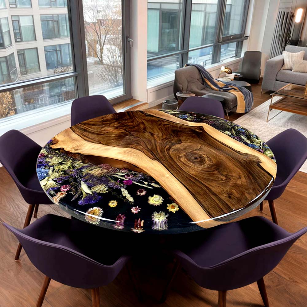 Elite Black Walnut Wood & Dried Flower/Hay Resin Round Coffee Table ECT-190