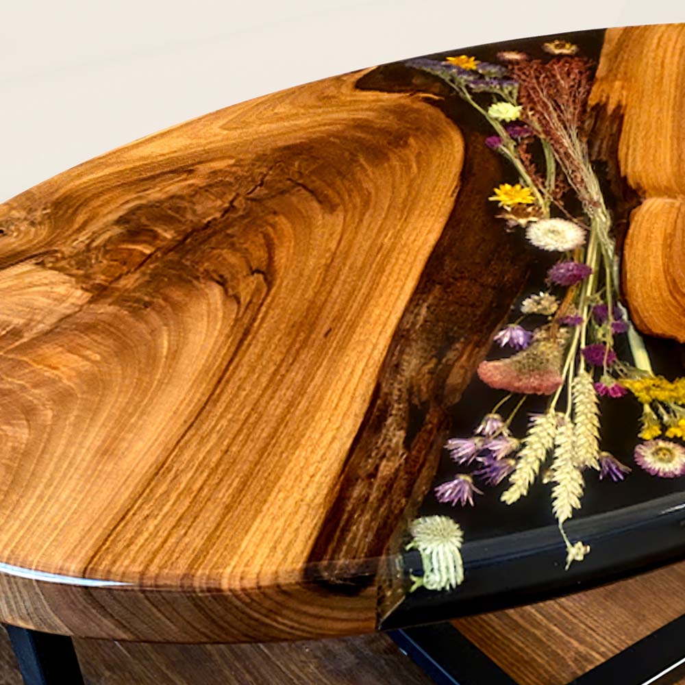 Elite Walnut Wood & Dried Flower/Hay Resin Oval Coffee Table ECT-191