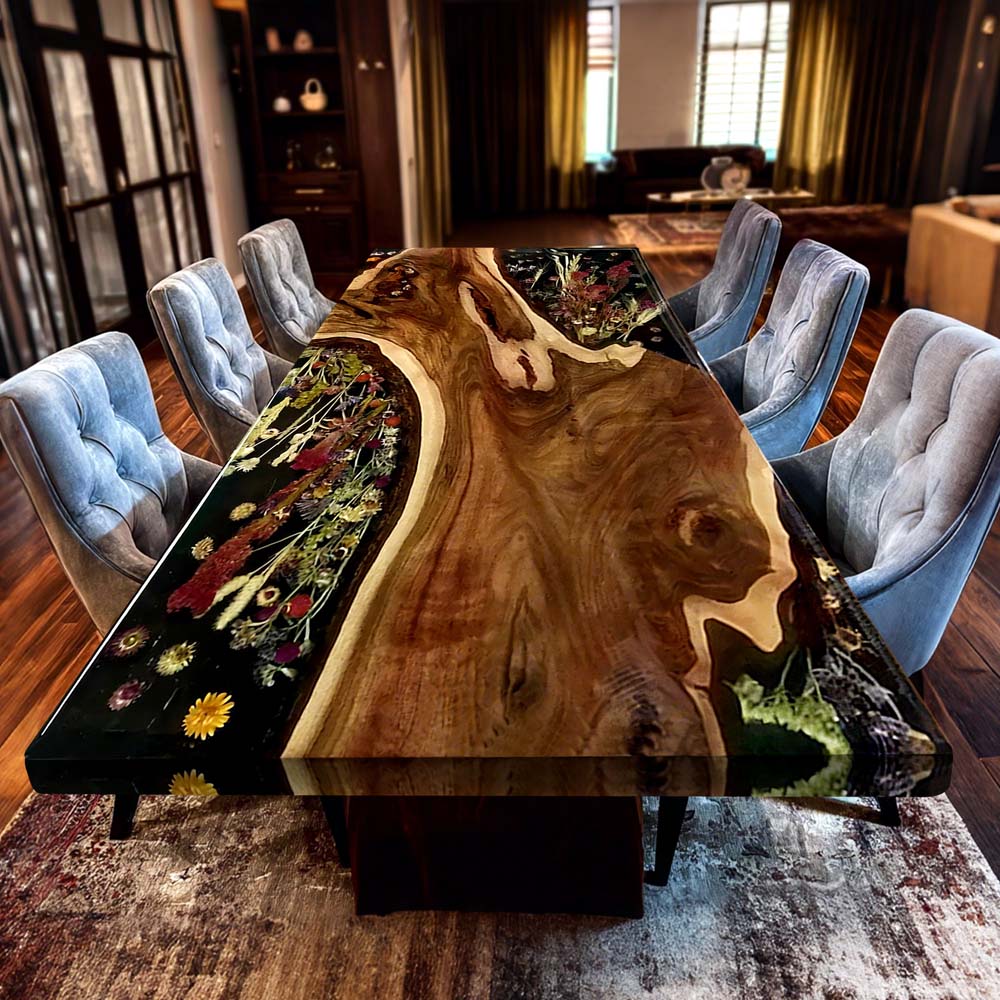 Elite Black Walnut Wood & Dried Flower/Hay Resin Rectangular Dining Table ECT-192