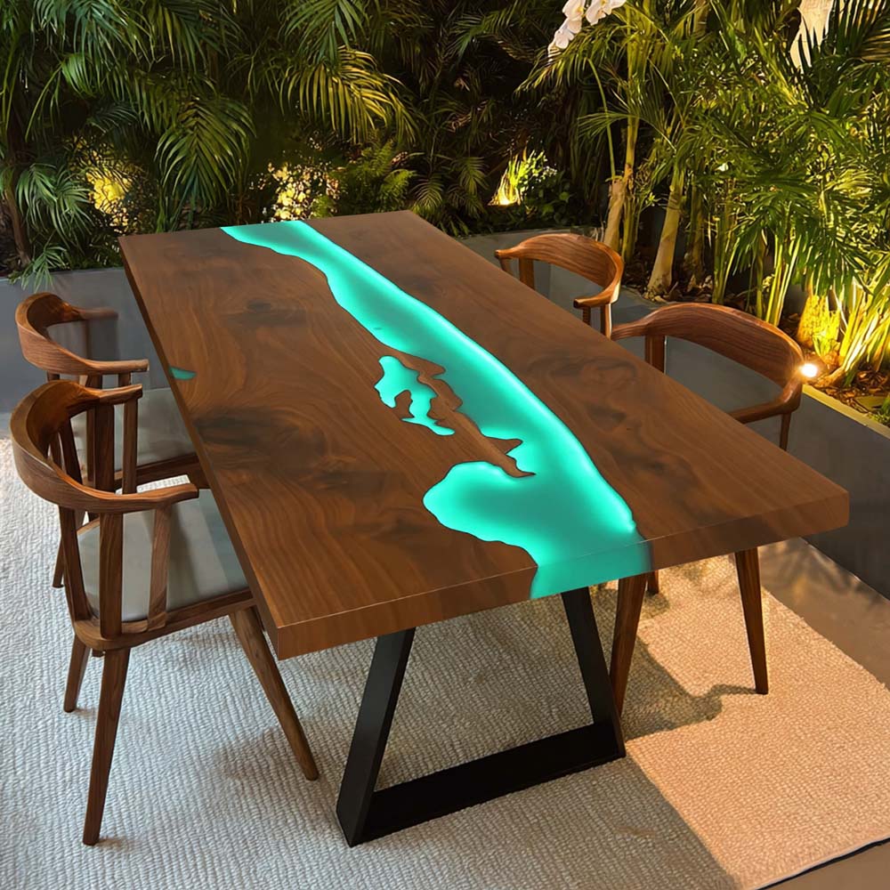 Elite Custom Walnut Wood River Epoxy Resin Dining Table With LED Light ECT-210