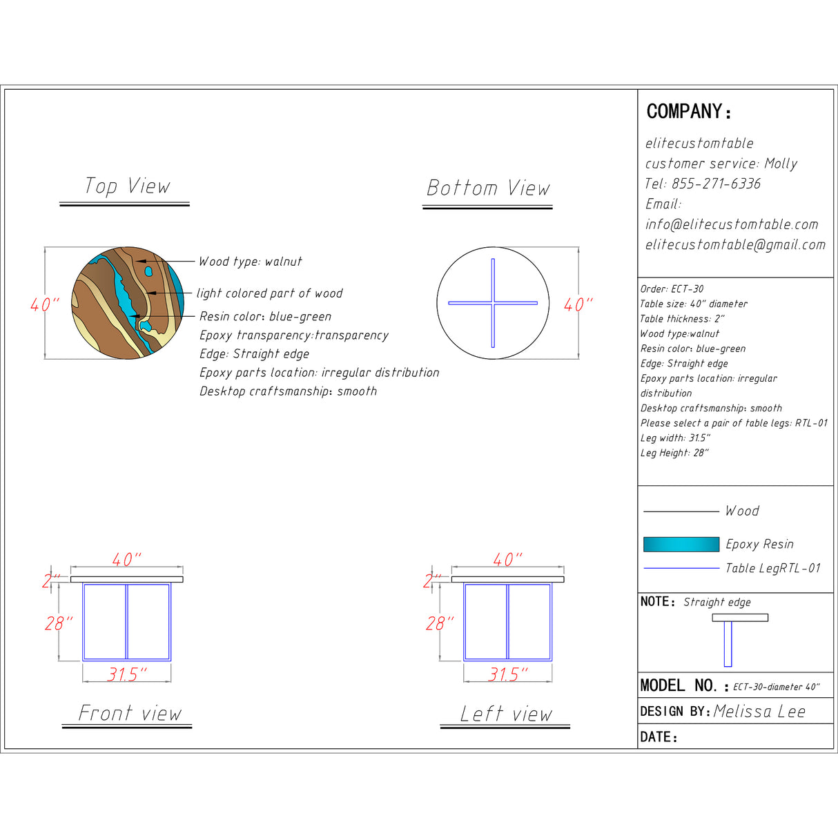 Elite Custom Walnut Turquoise Blue Epoxy Resin Round Table ECT-30