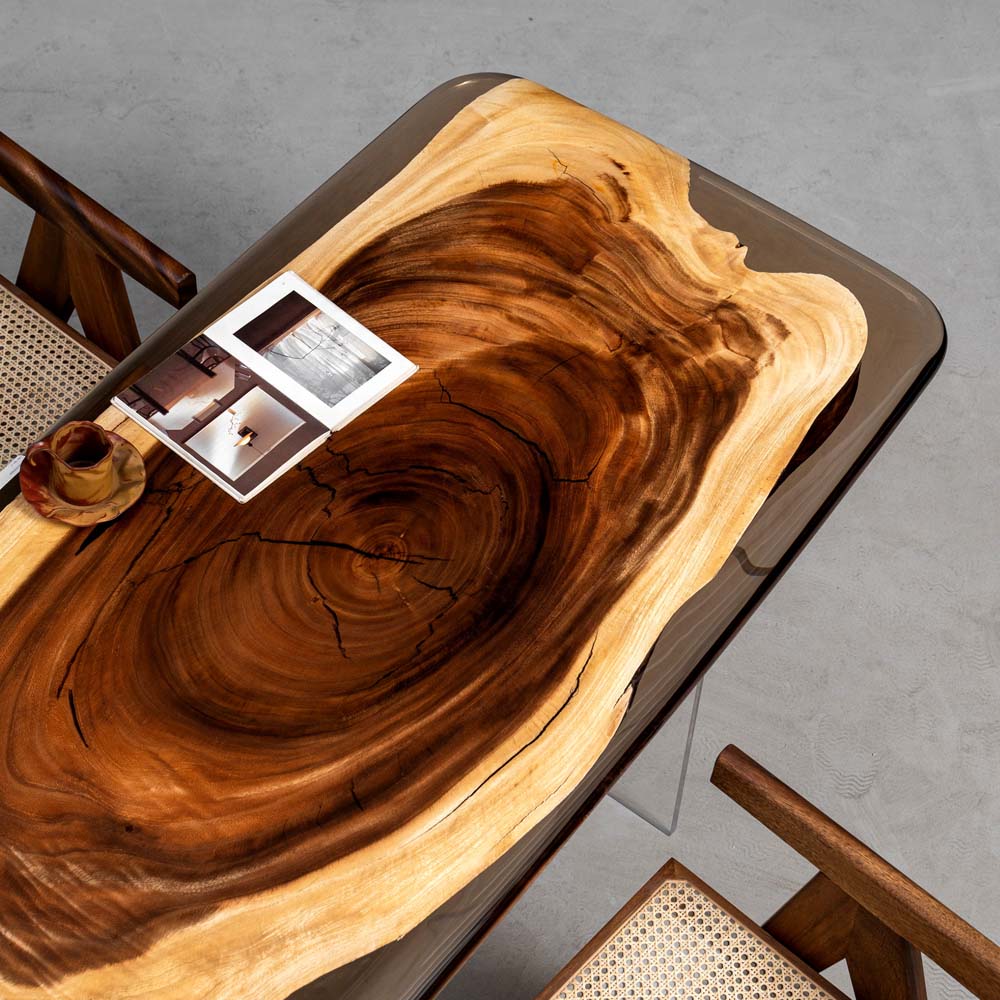 Elite Walnut Wood & Gray - Transparent Epoxy Dining Table ECT-33